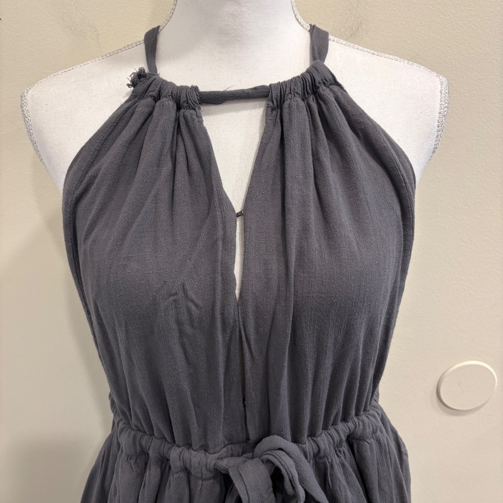 Free People Spring Love Midi Dress Carbon Gray Halter Open Back Pom Trim XS Boho - Picture 4 of 12